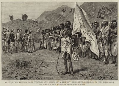 Una entrevista entre Lord Wolseley y los jefes de una tribu amiga, abanderado en primer plano de Charles Edwin Fripp